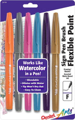 Pentel SES15CBP6M/SES15CBP6M1 Arts Sign Pen Brush Tip, Flexible Point, 6 Assorted Classic Colors