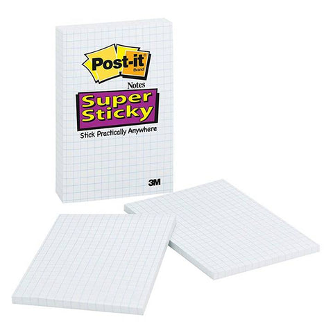 3M 4621-2SSGRID Post-it Super Sticky Notes, 2X Sticking Power, 4 in x 6 in, White with Blue Grid, 2 Pads/Pack, 50 Sheets/Pad