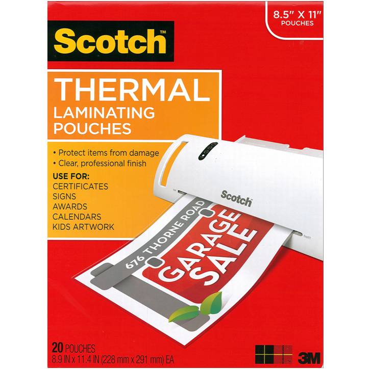 3M TP3854-20 Scotch Thermal Laminating Pouches, 3 mil, 8.5" x 11", 20-Pack, Gloss Clear