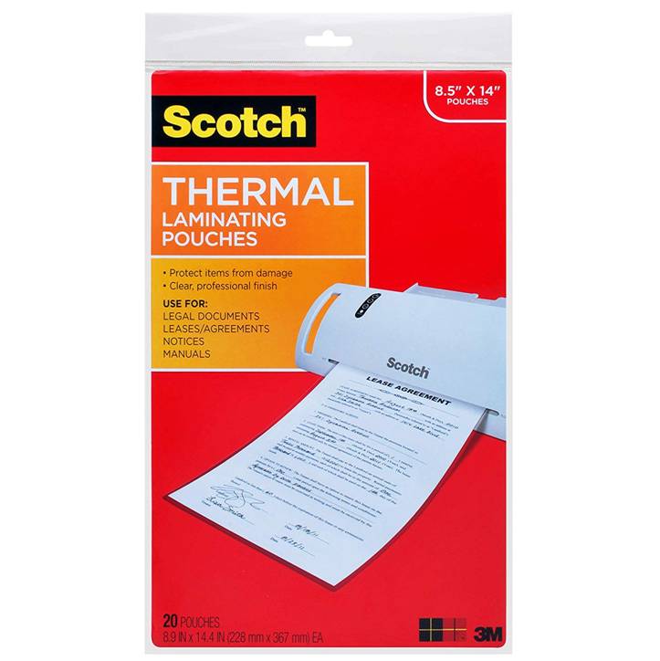 3M TP3855-20 Scotch Thermal Laminating Pouches, 3 mil, 8.5" x 14", 20-Pack, Gloss Clear