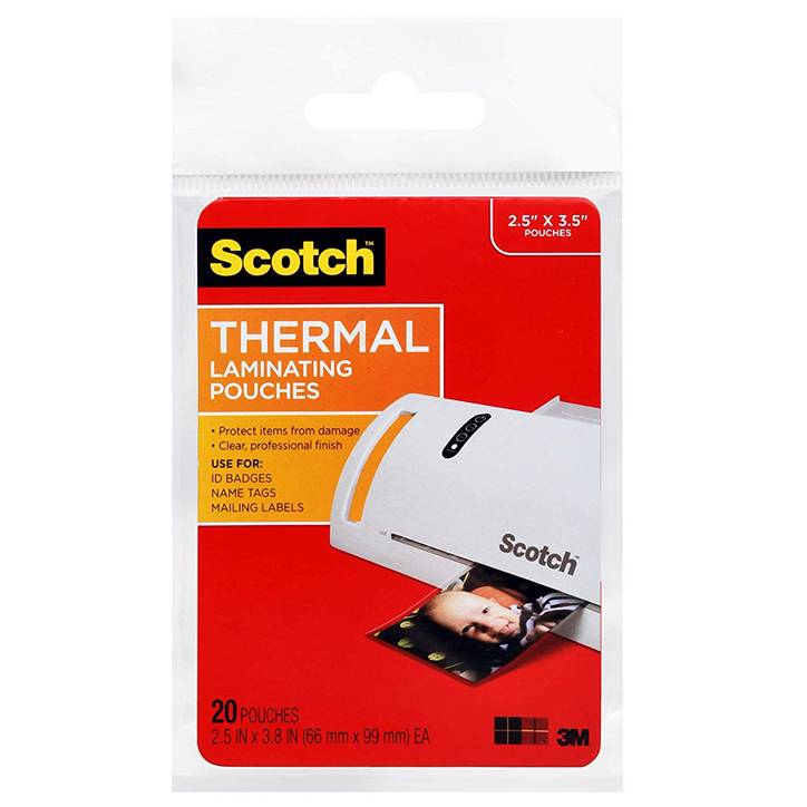 3M TP5904-20 Scotch Thermal Laminating Pouches, 5 mil, 2.5" x 3.5", 20-Pack, Gloss Clear