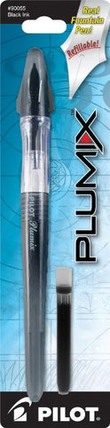 Pilot Plumix Refillable Fountain Pen, Black Barrel, Black Ink, Medium Point, Single Pen and Cartridge (90055)