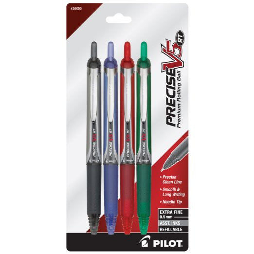 Pilot Precise V5 RT Retractable Rolling Ball Pens, Extra Fine Point, 4-Pack, Black/Blue/Red/Green Inks (26055)