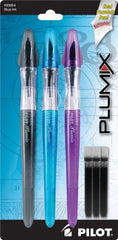 Pilot Plumix Refillable Fountain Pens, Assorted Color Barrels, Blue Ink, Medium Point, 3-Pack with 3 Ink Cartridges (90054)