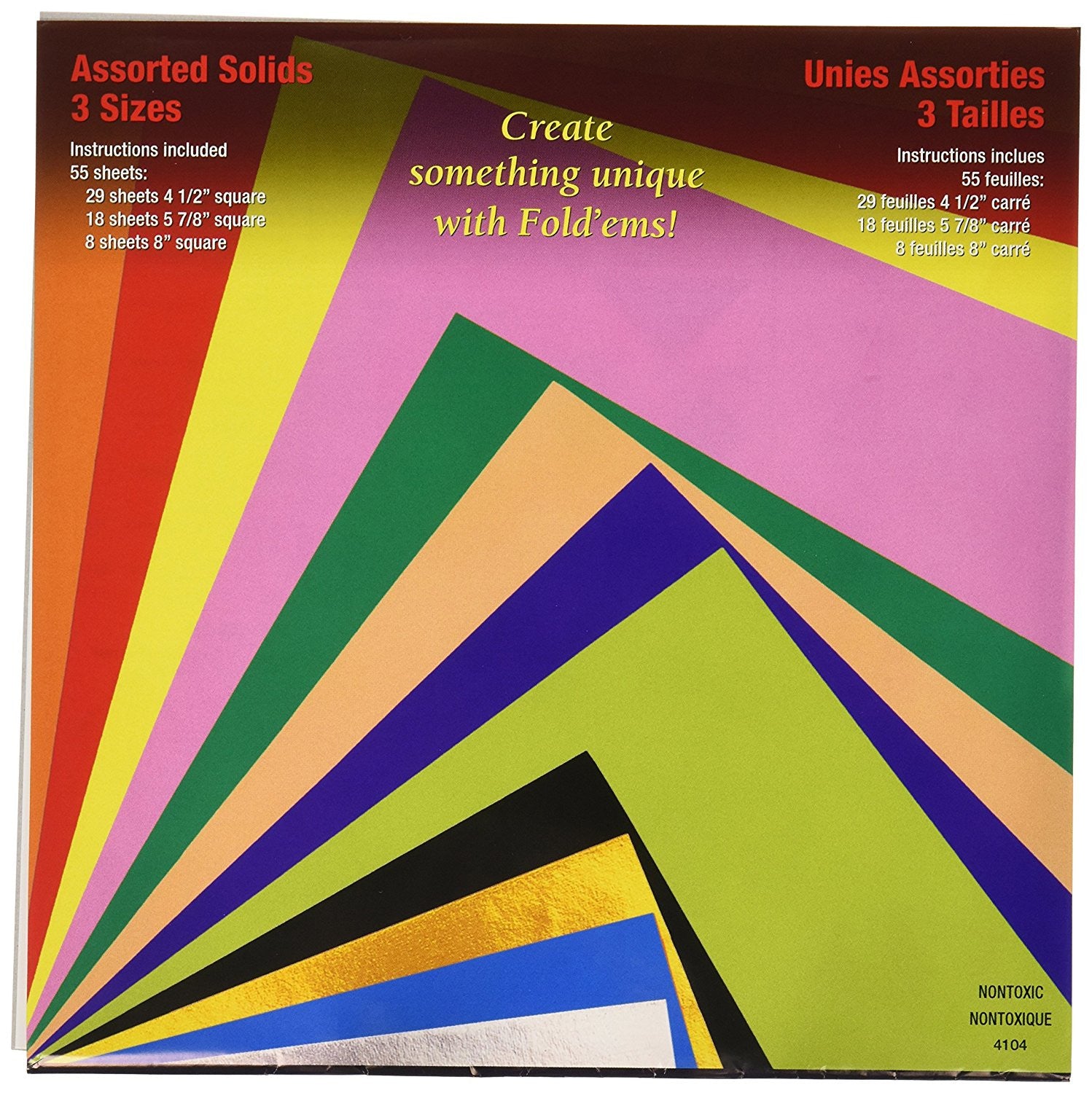 Yasutomo Fold'Ems Solid Square Origami Paper, Assorted Sizes and Colors, 55 Sheets/Pack