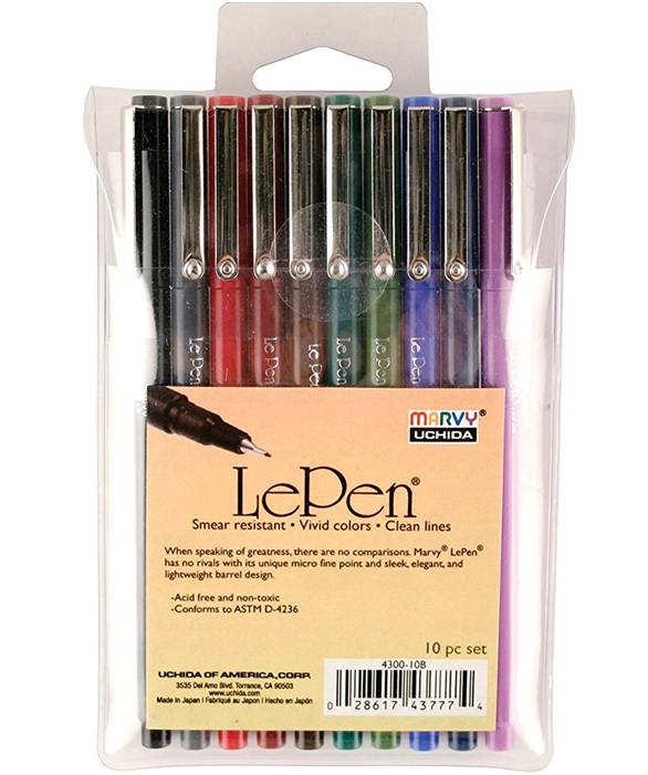 Marvy Uchida 4300-10B 10-Piece Le Pen Set, 0.3 mm Micro Fine Tip, Drawing Pen Set