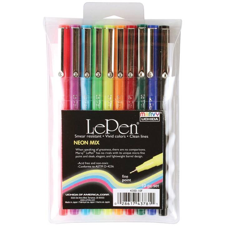 Marvy Uchida 4300-10F 10-Piece Le Pen Set, 0.3 mm Micro Fine Tip, Le Neon Pen Mix Set