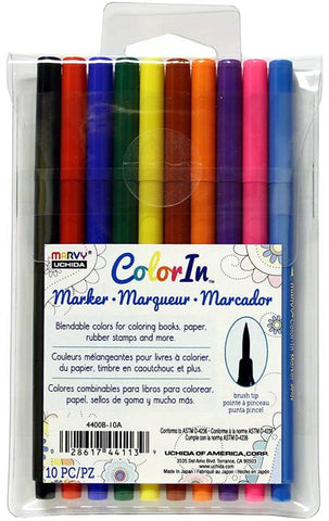 Marvy Uchida ColorIn 4400B-10A 10 Piece Brush Tip Marker Set, Primary Colors
