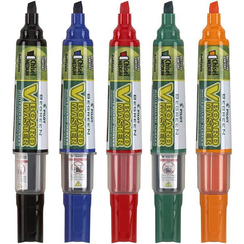 Pilot 43917 V Board Master Refillable Dry-Erase Markers, Medium Chisel Tip, Assorted Colors, 5-Pack Pouch