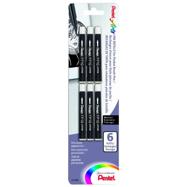 Pentel Arts Pocket Brush Refills, Black Ink, Pack of 6 (FP10BP6A)  