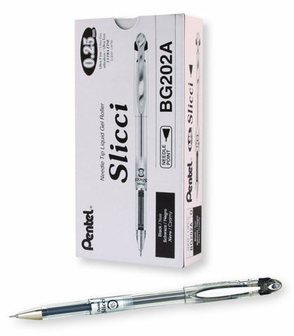 Pentel Arts Slicci 0.25 mm Extra Fine Gel Pens, Box of 12 Black Ink (BG202-A) 