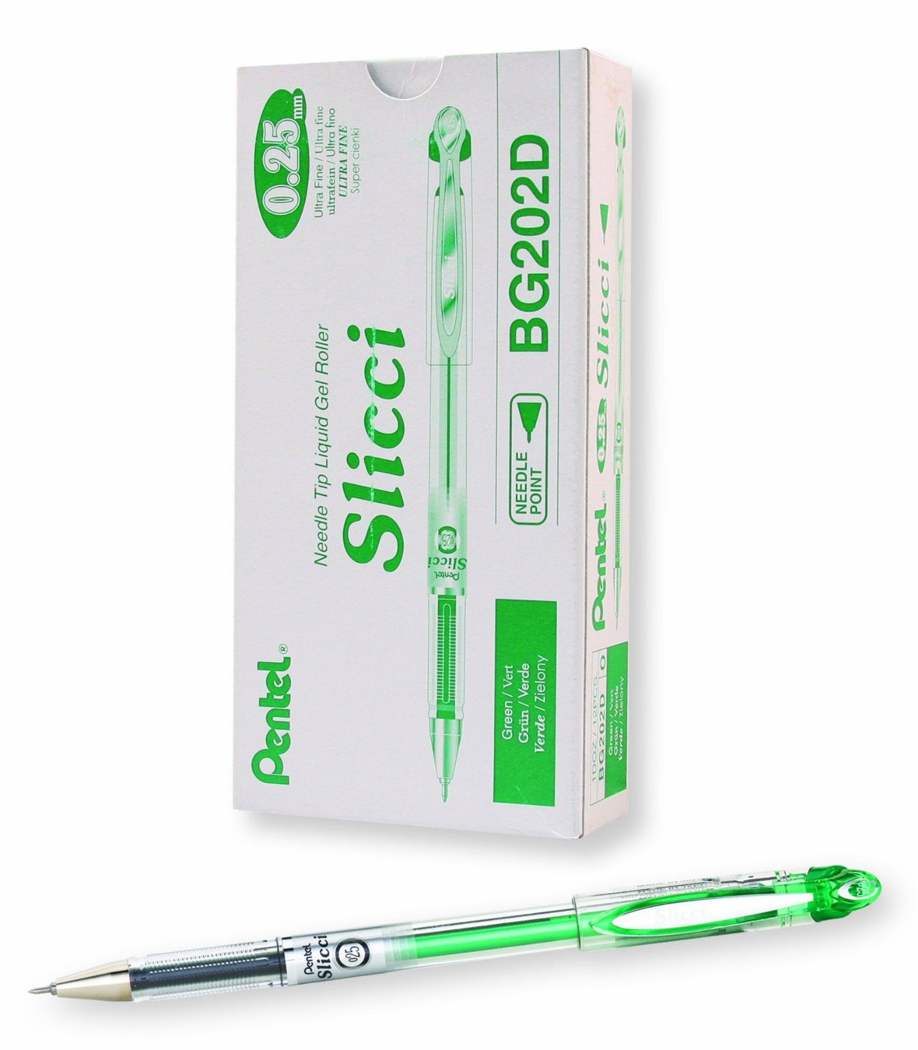 Pentel Arts Slicci 0.25 mm Extra Fine Gel Pens, Box of 12 Green Ink (BG202-D) 