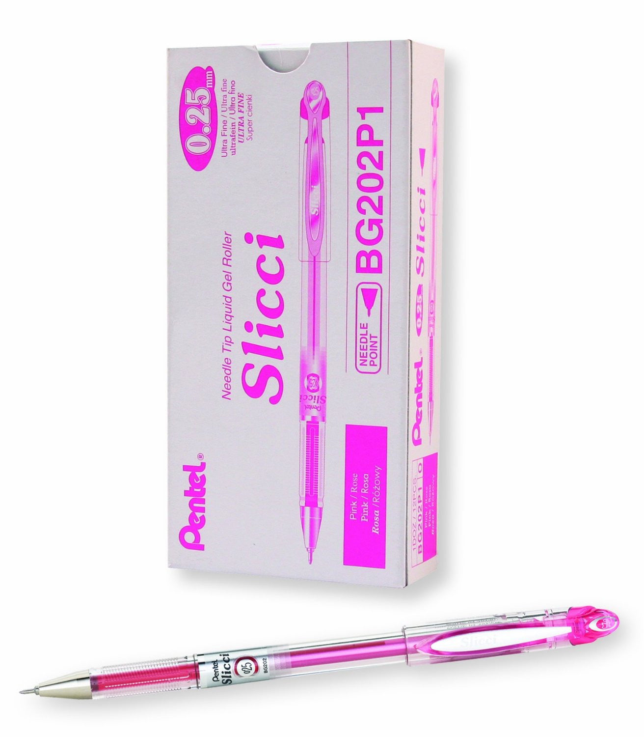 Pentel Arts Slicci 0.25 mm Extra Fine Gel Pens, Box of 12 Pink Ink (BG202-P1) 