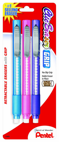 Pentel Clic Eraser Grip Retractable Eraser with Grip, Assorted Barrel Colors, Pack of 3 Sky Blue + Light Green + Violet 