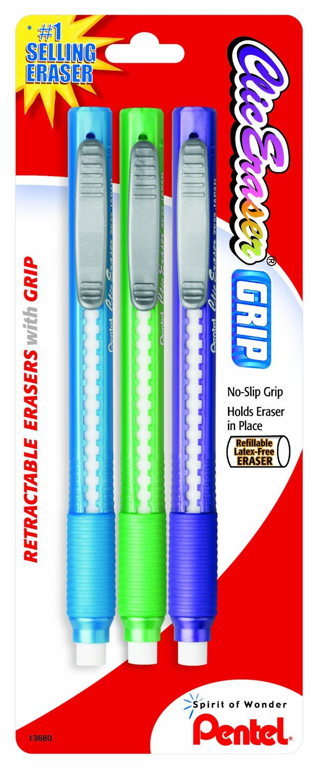 Pentel ZE21BP3K6 Clic Eraser Pencil-Style Grip Eraser, Assorted, 3