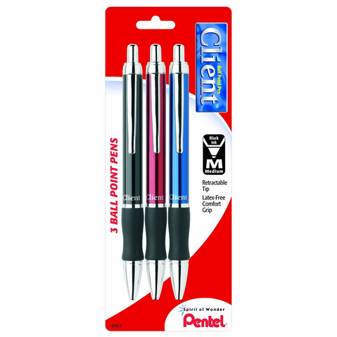 Pentel Client Retractable Ballpoint Pens, Assorted Barrel Colors, Black Ink, Medium Point, 3 Pack (BK910BP3M)  