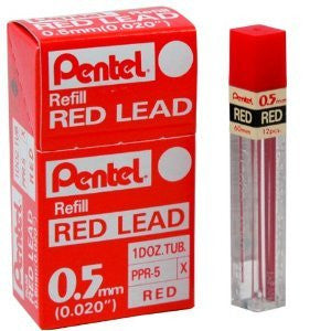 Pentel Color Lead Refills, Box of 12 Tubes, 144 Leads 0.5mm, Red (PPR-5) 