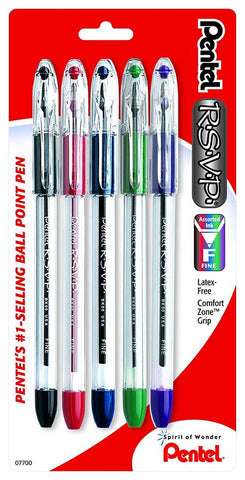 Pentel BK90BP5M R.S.V.P. Ballpoint Pens, 0.7 mm Fine Line, Assorted Ink, 5 Pack