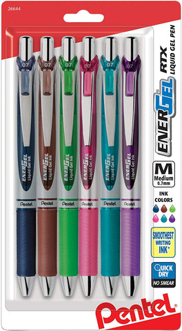 Pentel BL77BP6M, BL77BP6M1 EnerGel RTX Retractable Liquid Gel Pens, 0.7mm Medium Metal Tip, Assorted Ink, 6-Pack