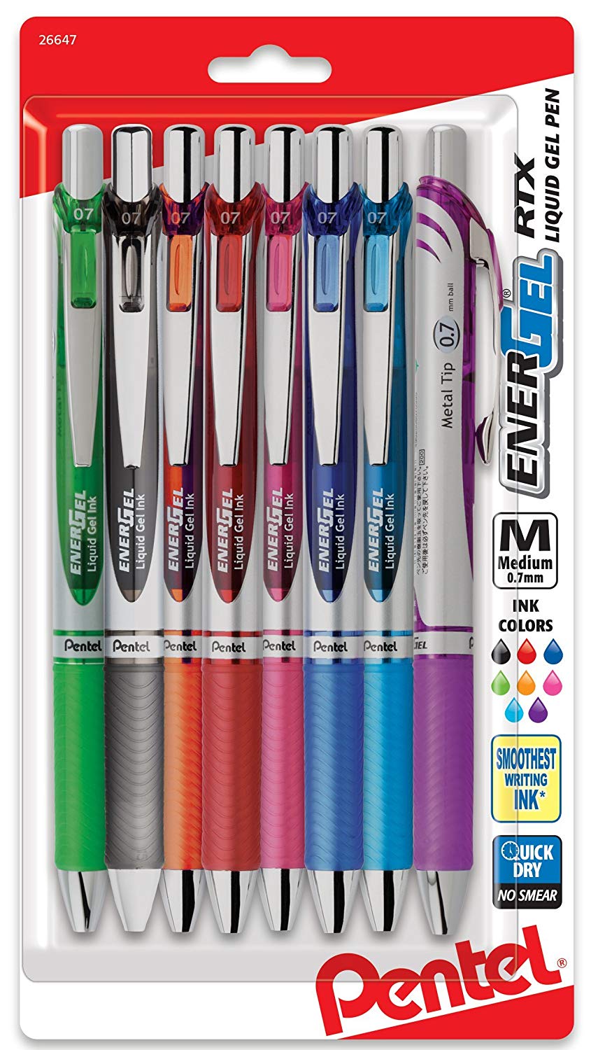Pentel EnerGel RTX Retractable Liquid Gel Pen, (0.7mm) Metal Tip, Medium Line,Assorted Ink, 8-Pk (BL77BP8M1)