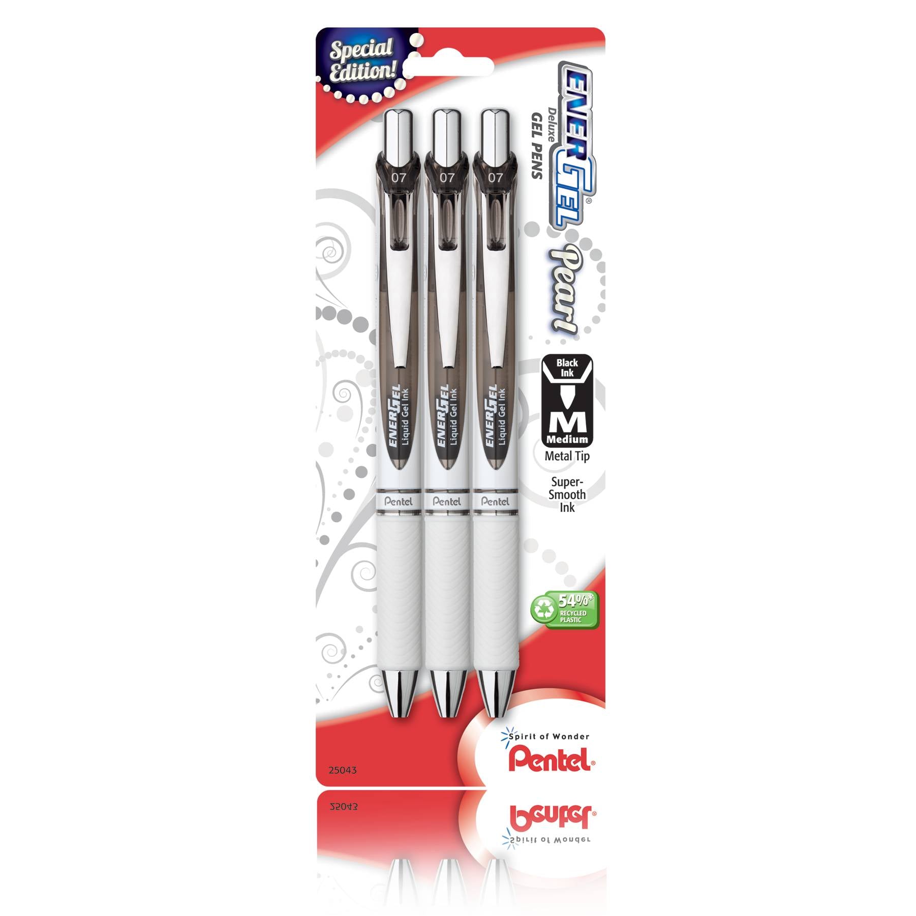 Pentel BL77WBP3A, BL77WBP3C, BL77WBP3M1, BL77WBP3V EnerGel Pearl Retractable Liquid Gel Pens, 0.7mm Medium Lines, Metal Tip, 3-Pack