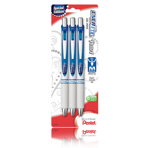 Pentel BL77WBP3A, BL77WBP3C, BL77WBP3M1, BL77WBP3V EnerGel Pearl Retractable Liquid Gel Pens, 0.7mm Medium Lines, Metal Tip, 3-Pack