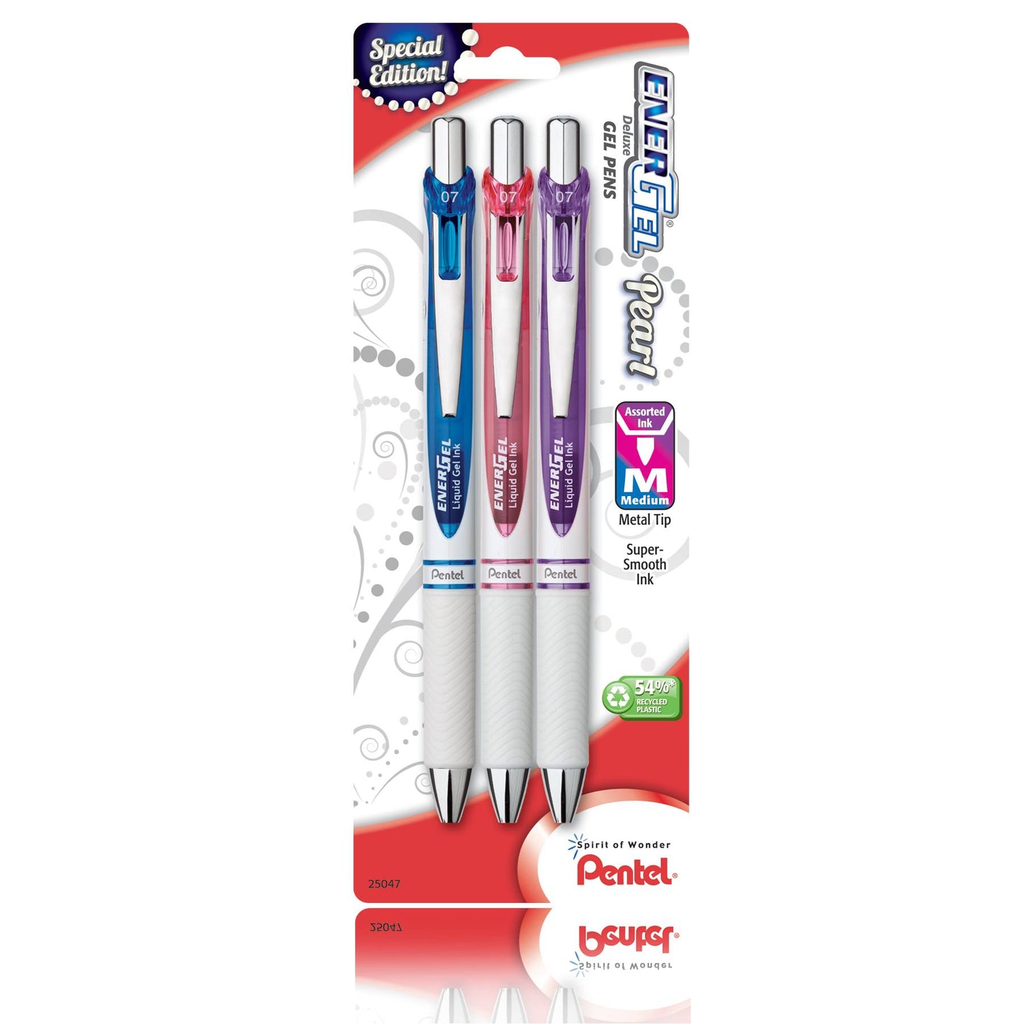 Pentel BL77WBP3A, BL77WBP3C, BL77WBP3M1, BL77WBP3V EnerGel Pearl Retractable Liquid Gel Pens, 0.7mm Medium Lines, Metal Tip, 3-Pack