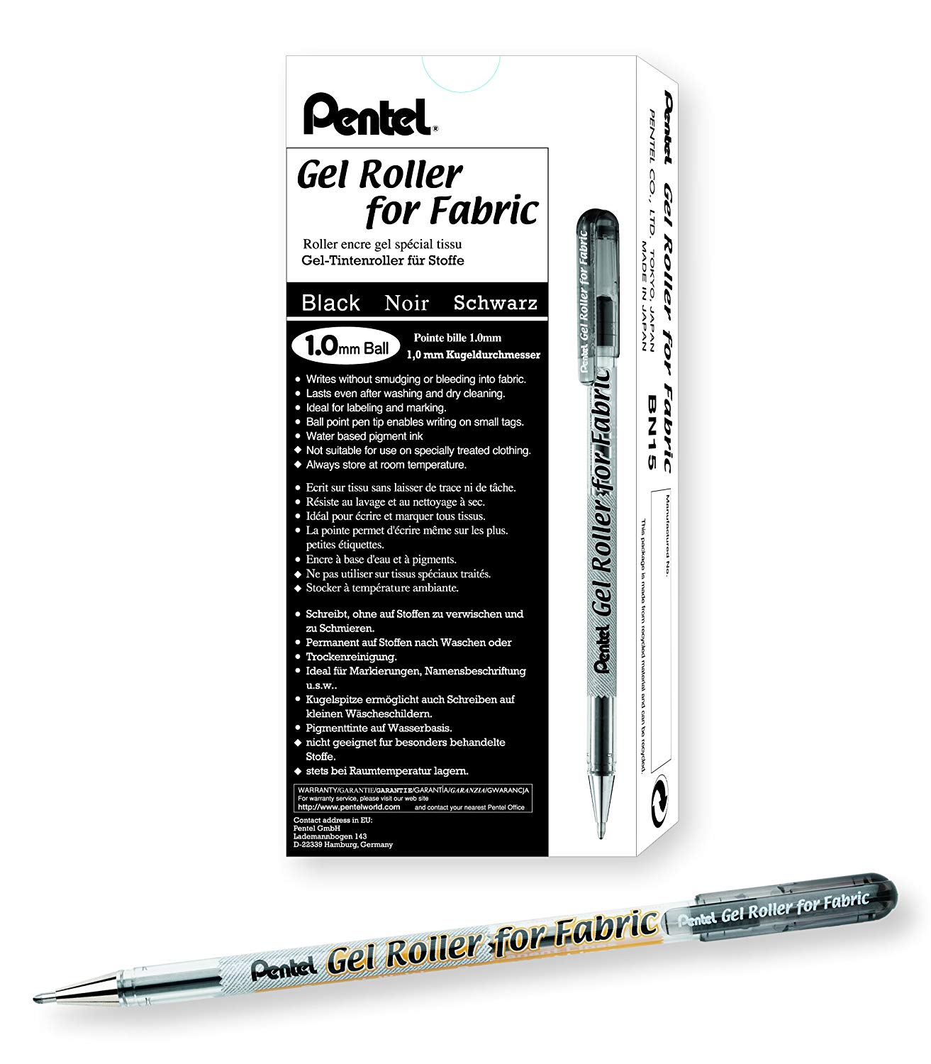 Pentel BN15-A Gel Roller Pen for Fabric, 1.0mm Bold Point, Black Ink, Dozen Box