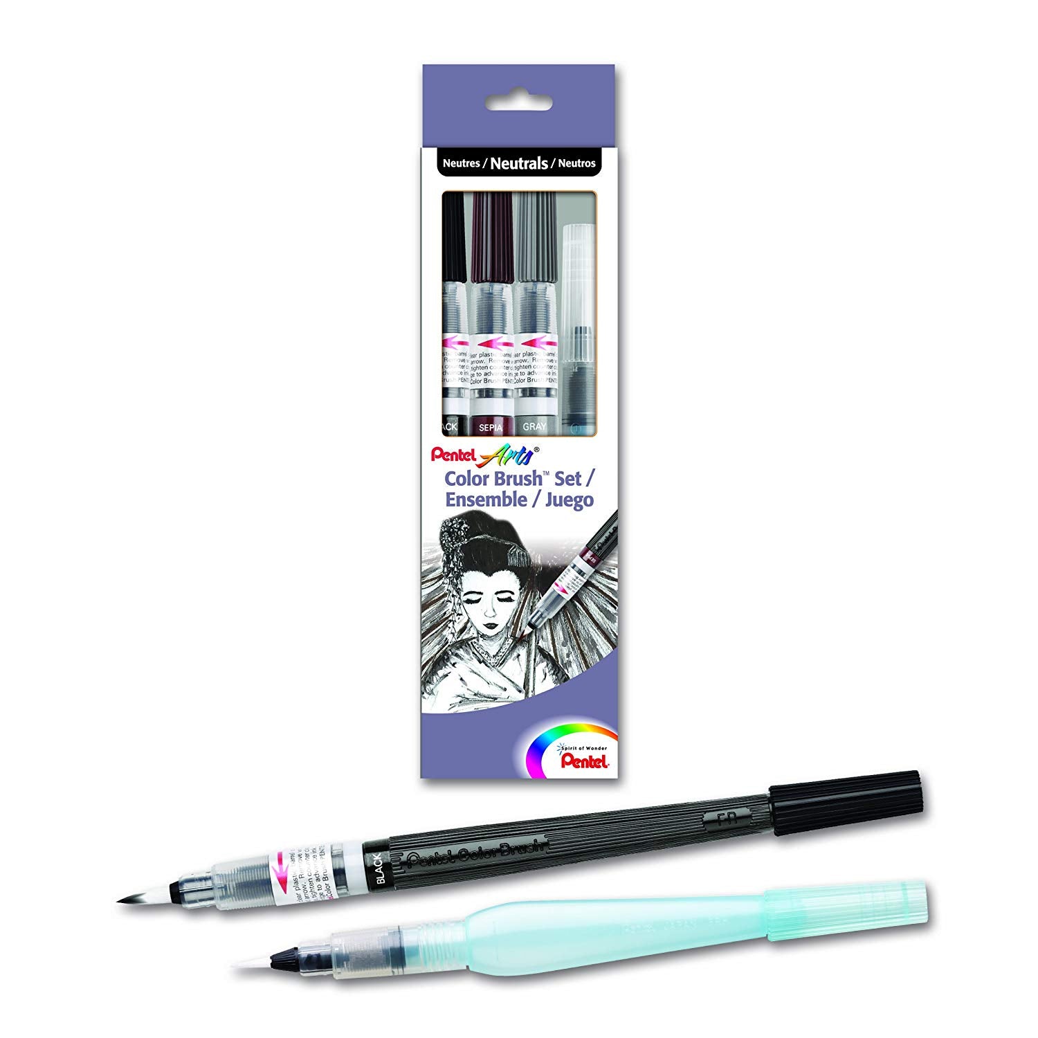 Pentel GFLFRHBP Arts Color Brush Pen Set, 4-Pack, Assorted Colors in Black, Red, Gray, Sepia