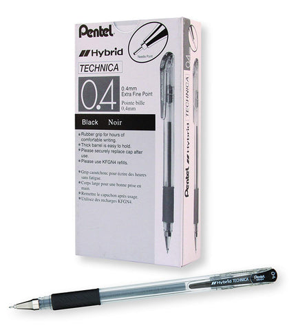 Pentel KN103-A, KN104-A, KN105-A, KN106-A, KN108-A Arts Hybrid Technica Gel Pens, Black Ink, Dozen Box