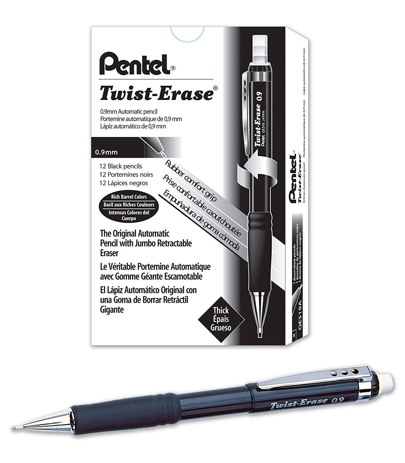 Pentel QE519 Twist-Erase III Mechanical Pencils, 0.9mm Bold Line, Dozen Box