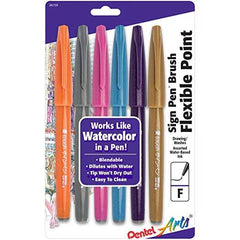 Pentel SES15CBP6M, SES15CBP6M1 Arts Sign Pen Touch, Fude Brush Tip, 6 Assorted Colors