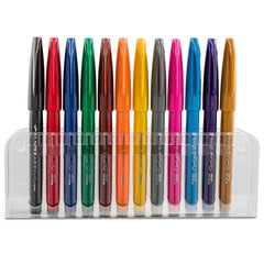 Pentel SES15CPC12 Arts Sign Pen Touch, Fude Brush Tip, 12 Assorted Colors in Marker Stand