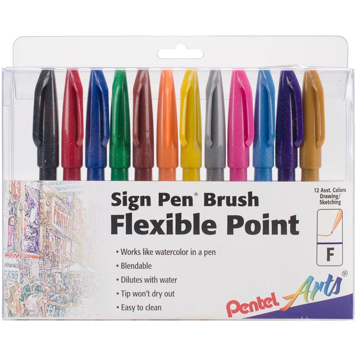 Pentel SES15CPC12 Arts Sign Pen Touch, Fude Brush Tip, 12 Assorted Colors in Marker Stand