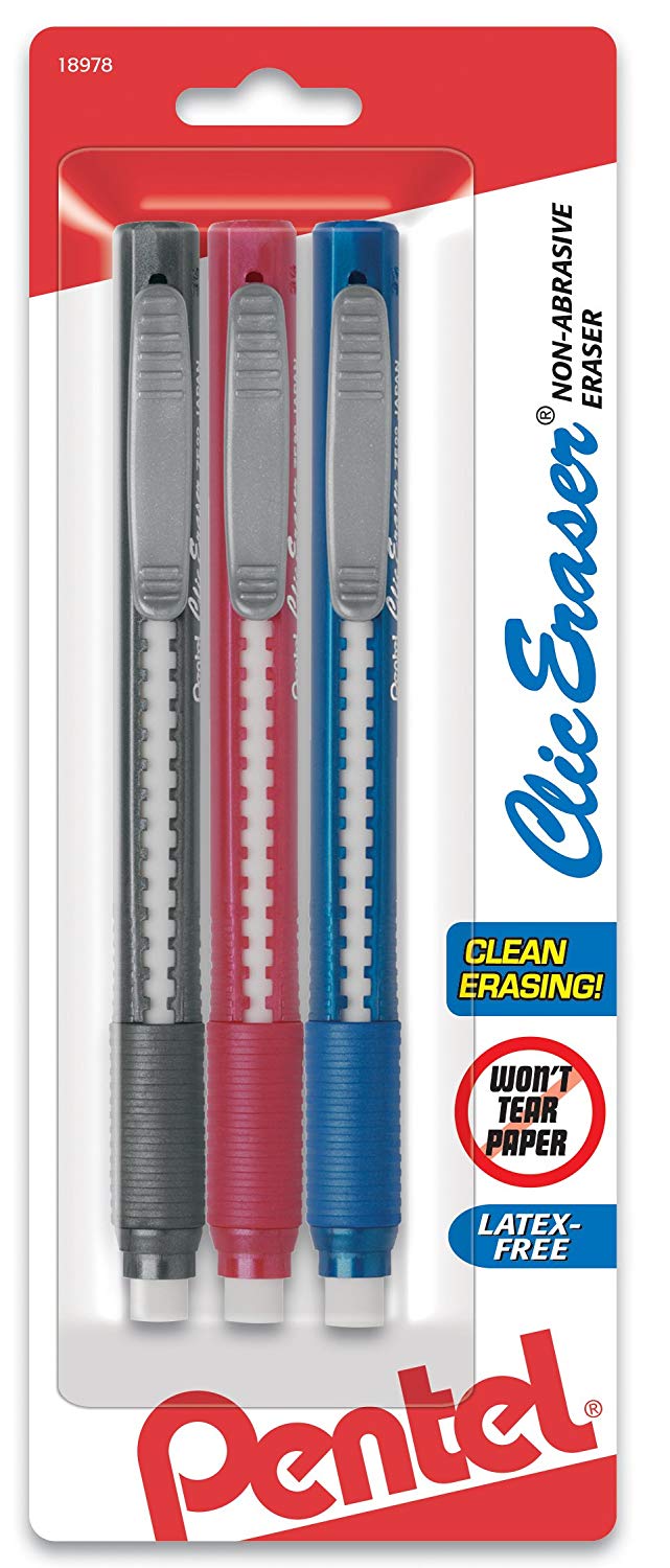 Pentel ZE21BP3M, ZE21TBP3M Clic Eraser Grip Retractable Eraser with Grip, Assorted Barrel Colors, 3-Pack