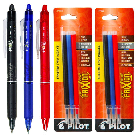 Pilot FriXion Clicker Retractable Erasable Gel Ink Pens, Fine Point, 0.7mm, Pack of 3 with Bonus 2 Packs of Refills Assorted Black/Blue/Red 