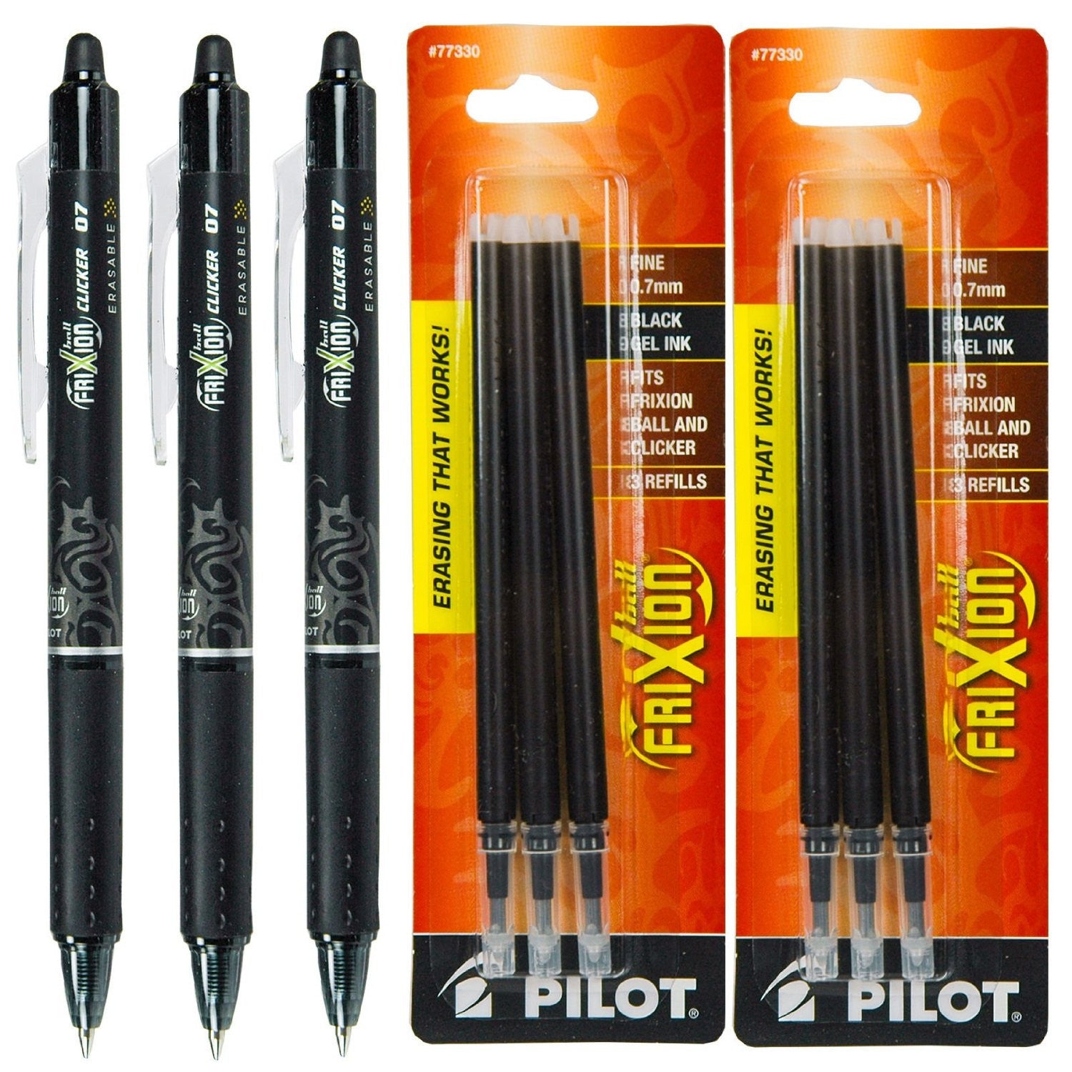 Pilot FriXion Ball 0.7mm Erasable Gel Pens Fine Point Black Ink Pack of 6