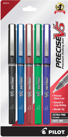 Pilot 26013 Precise V5 Stick Rolling Ball Pens, Extra Fine Point, 5-Pack, Assorted Colors, Black/Blue/Red/Green/Purple Inks