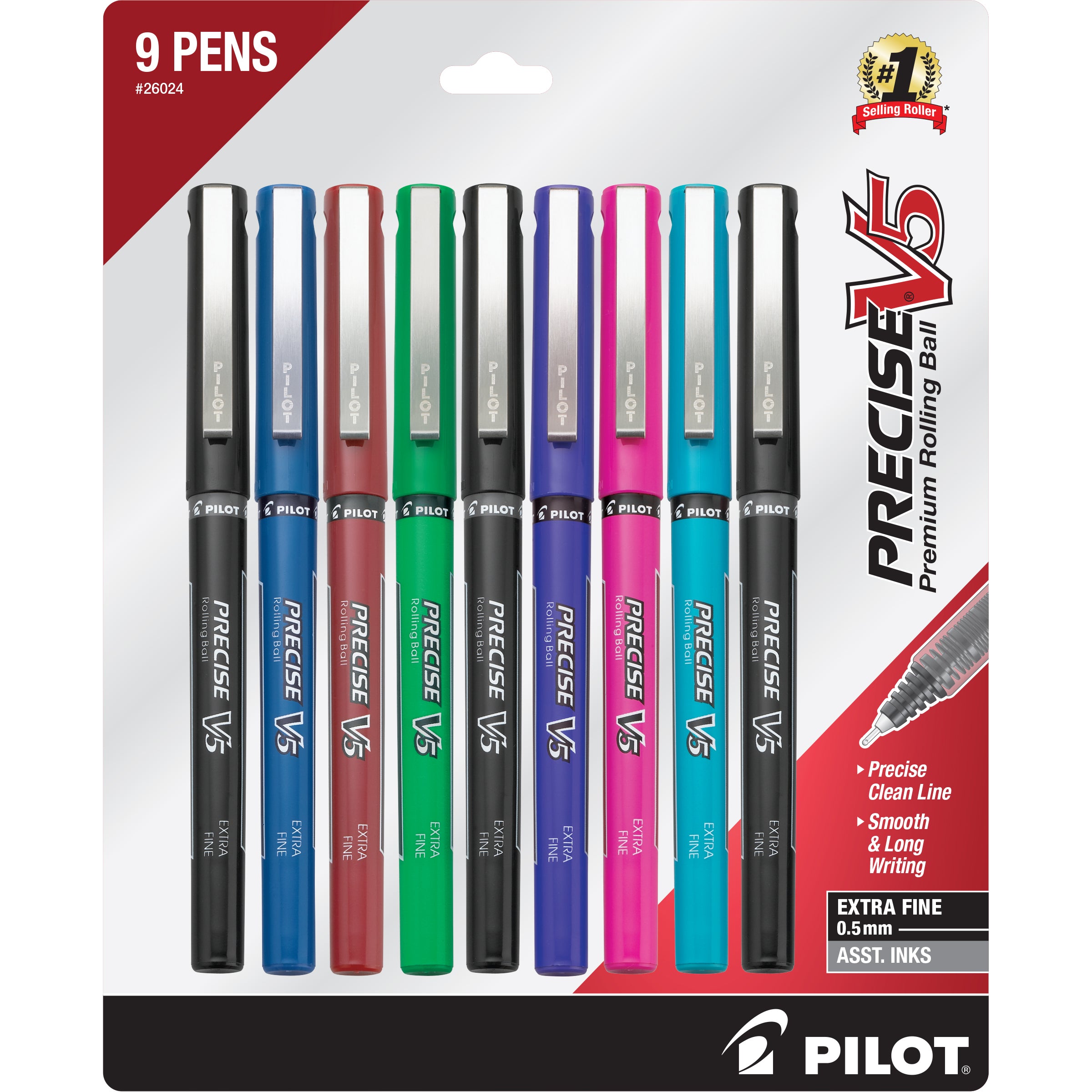 Pilot 26024 Precise V5 Rolling Ball Pens, Capped, 0.5mm Extra Fine Point, 9-Pack Assorted Color Inks, Black/Blue/Red/Green/Pink/Purple/Turquoise
