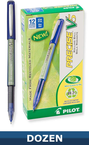 Pilot BeGreen Precise V5 Recycled Rolling Ball Stick Pens with Liquid Ink. 0.5mm Extra Fine Point, Dozen Box