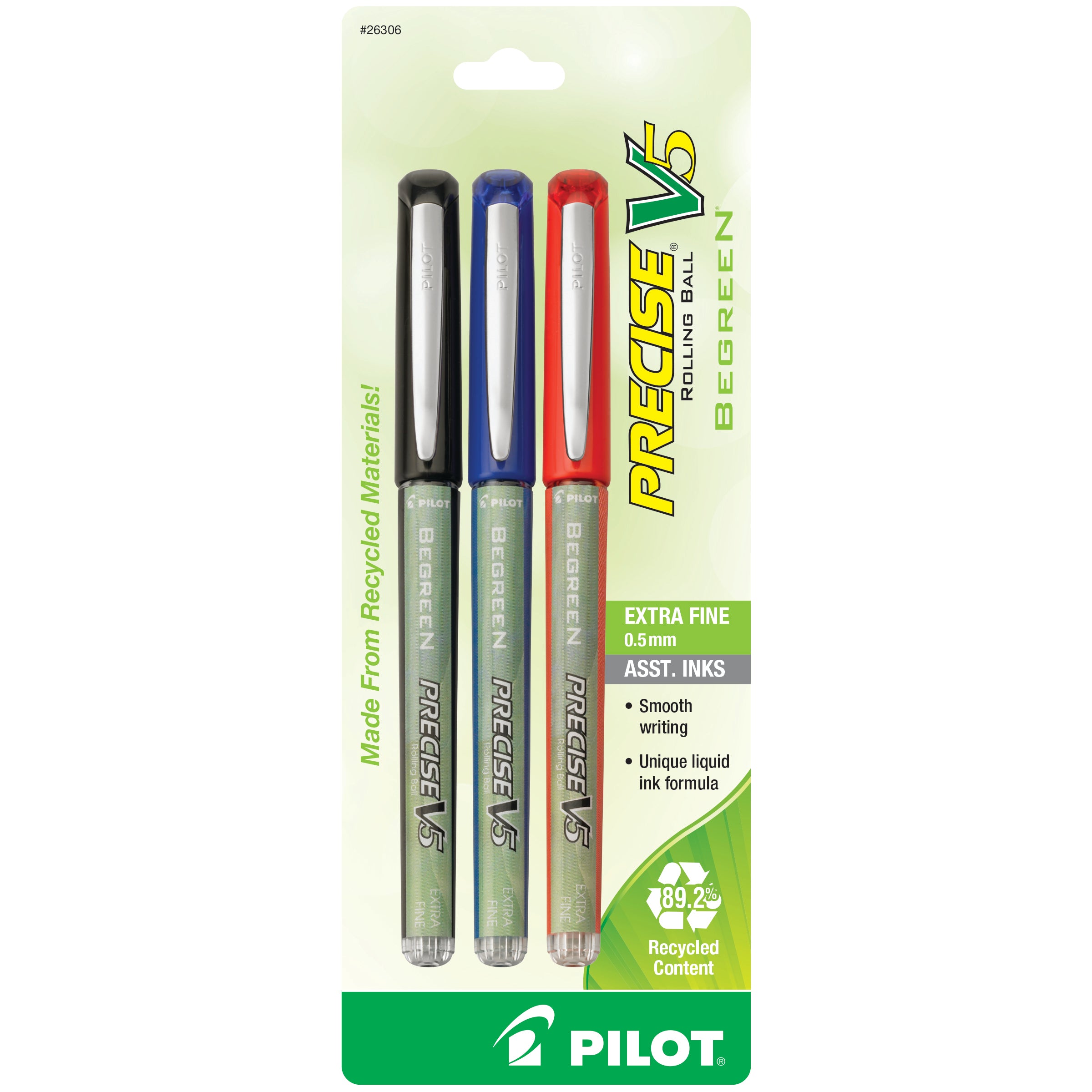 Pilot 26306 BeGreen Precise V5 Recycled Rolling Ball Stick Pens with Liquid Ink in Black, Blue and Red, Extra Fine Point