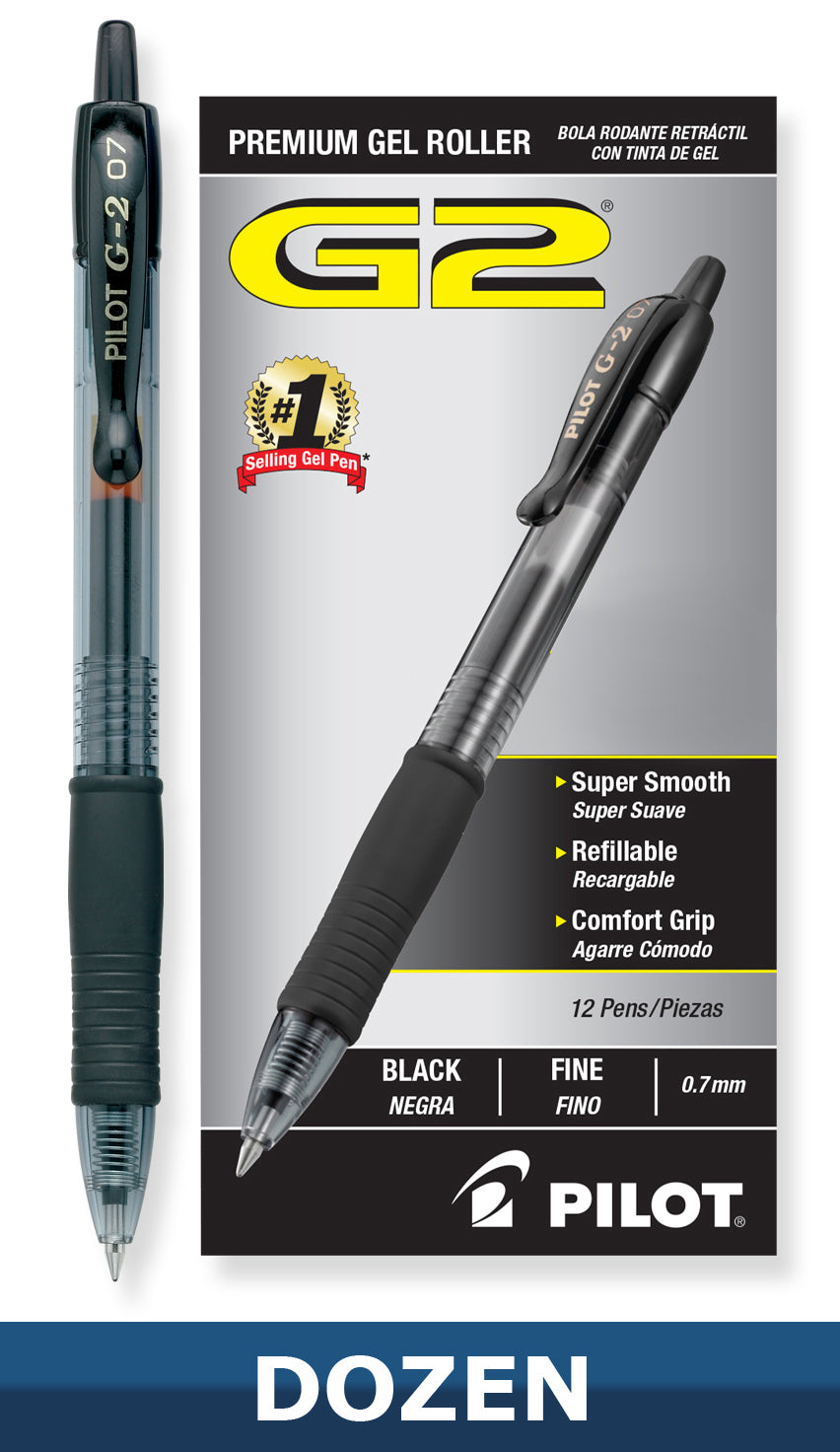 Pilot G2 07 Retractable Gel Ink Rollerball Pens, 0.7mm Fine Point, Dozen Box