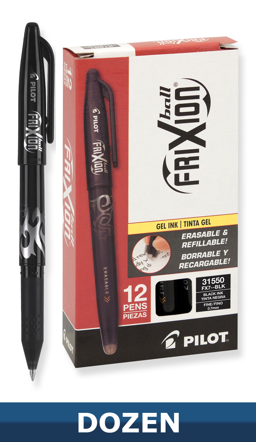 Pilot FriXion Ball Erasable Gel Pens, 0.7mm, Fine Point, Box of 12 Pens