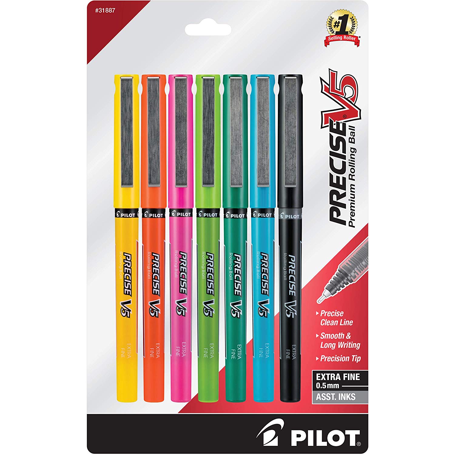 Pilot 31887 Precise V5 Rolling Ball Stick Pens with Liquid Ink, Extra Fine Point, 7-Pack, Assorted Colors