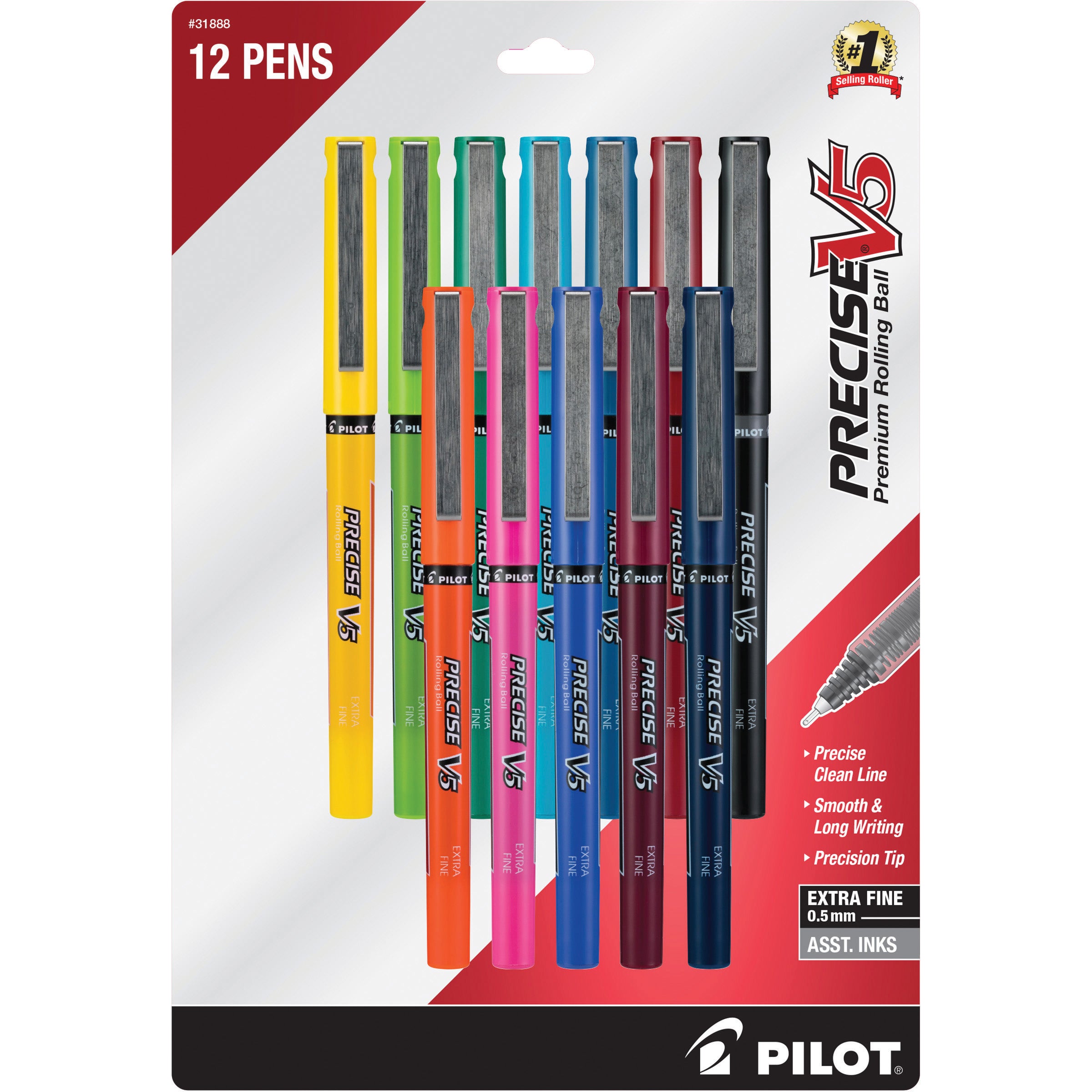 Pilot 31888 Precise V5 Rolling Ball Stick Pens with Liquid Ink, Extra Fine Point, 12-Pack, Assorted Colors