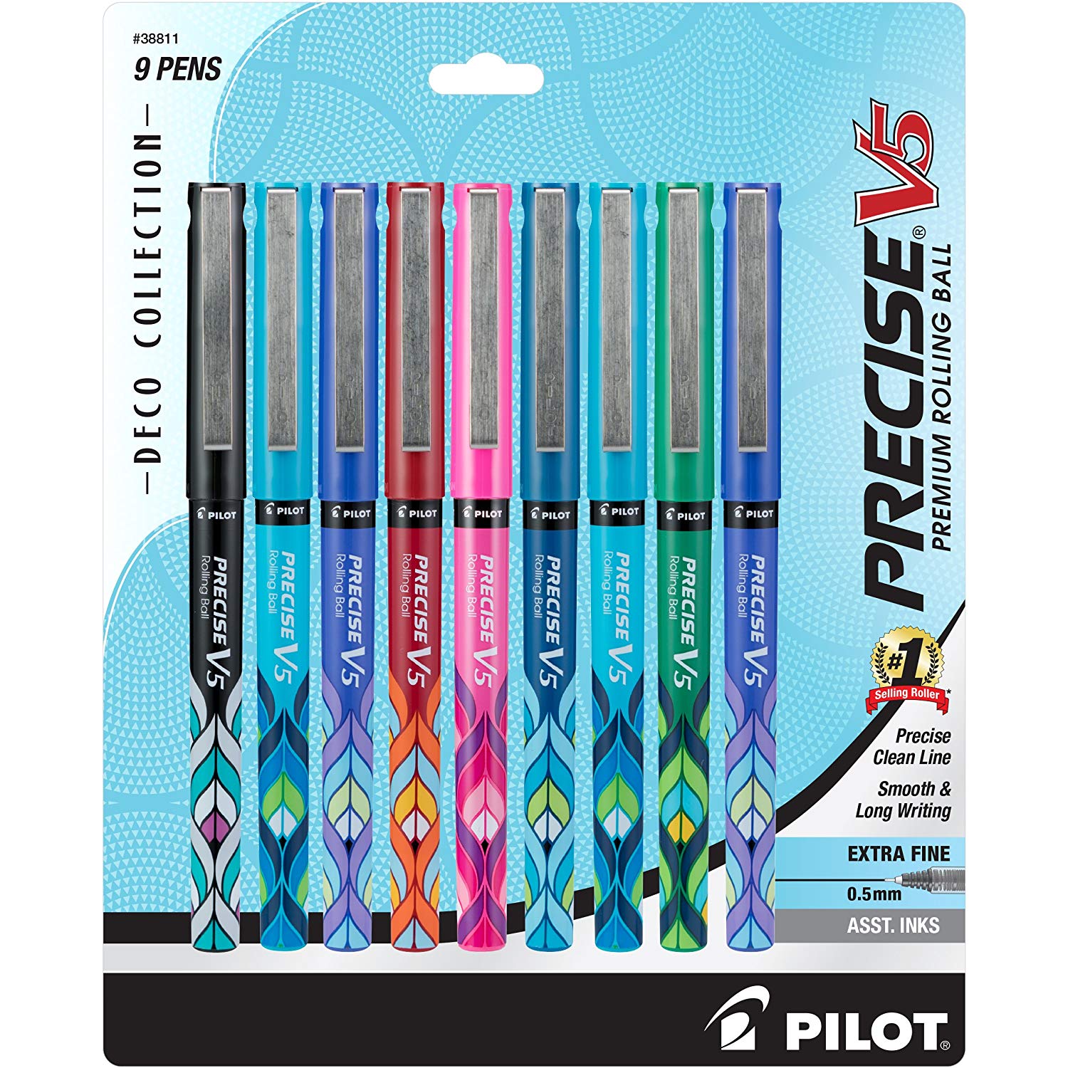 Pilot 38811 Precise V5 Deco Collection Rolling Ball Pens, 0.5mm Extra Fine Point, 9-Pack Assorted Colors