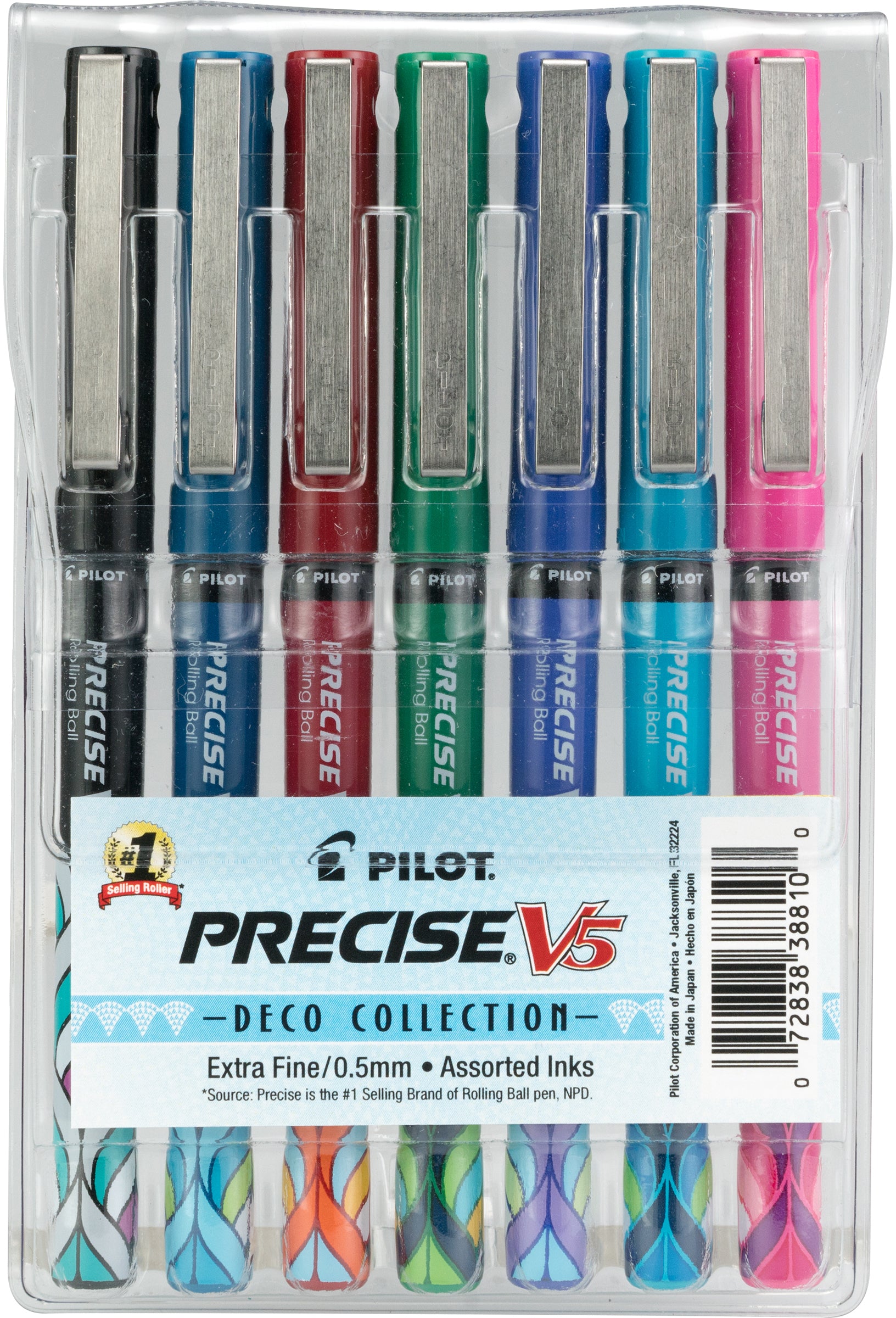 Pilot 38810 Precise V5 Deco Collection Rolling Ball Pens, 0.5mm Extra Fine Point, 7-Pack Pouch Assorted Colors