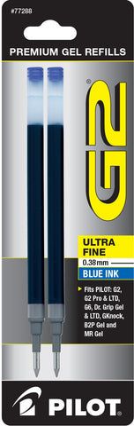 Pilot G2 Gel Ink Refills for Rolling Ball Pens, 0.38mm Ultra Fine Point, 2-Pack