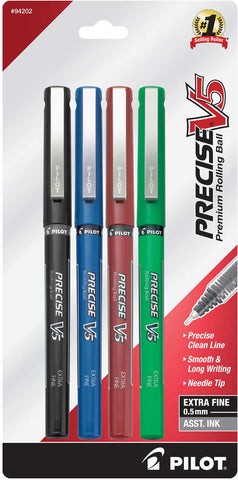 Pilot 94202 Precise V5 Rolling Ball Stick Pen with Liquid Ink in Black, Blue, Red, and Green, 4-Pack, 0.5mm, Extra Fine Point