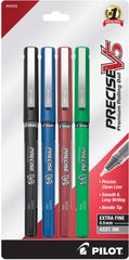 Pilot 94202 Precise V5 Rolling Ball Stick Pen with Liquid Ink in Black, Blue, Red, and Green, 4-Pack, 0.5mm, Extra Fine Point